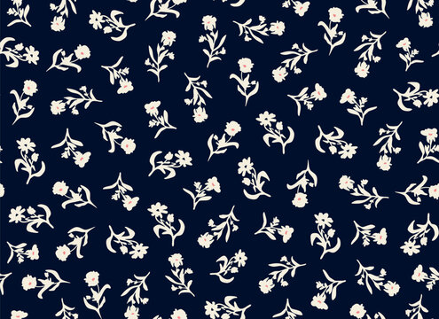 Hand drawn, flowers with leaves seamless repeat pattern on dark background. Random placed, vector botany aop, all over surface print.