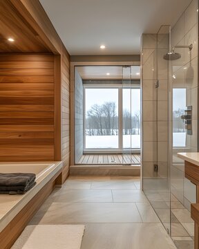 Spacious contemporary bathroom with shower glass and elegant tub picture