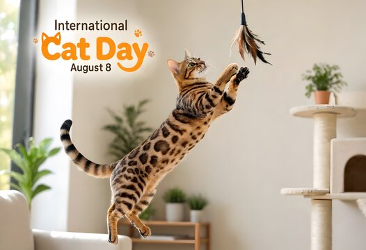 Playful cat jumping towards feather toy in a cozy home