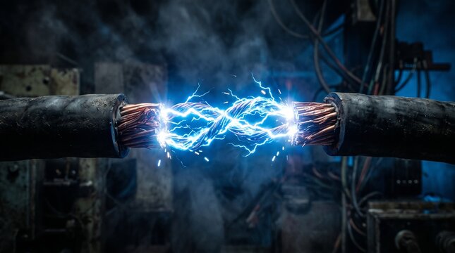 High voltage electrical arc and glowing blue plasma bridging the gap between two broken copper cables. Industrial energy concept