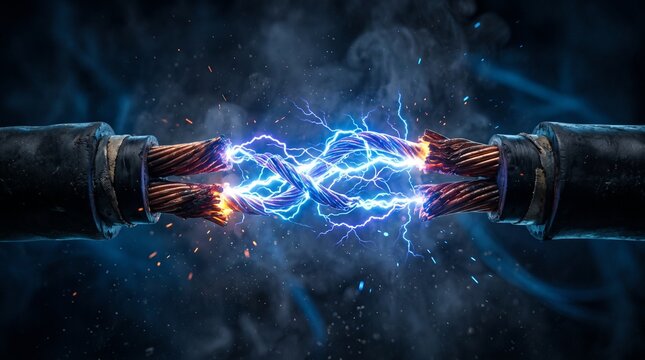 Curto-circuito el&eacute;trico com fa&iacute;scas e arco de energia azul entre dois cabos de cobre rompidos no fundo escuro