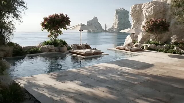 Summer hot vibe lifestyle. A vivid, highresolution photograph of a luxurious outdoor setting. The main subject is a serene infinity pool surrounded by lush greenery and towering rock formations.