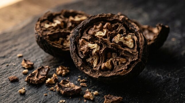 Close-up of cracked black walnuts with kernels on dark slate surface