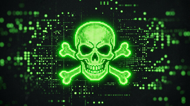 Digital skull and crossbones cyber security threat