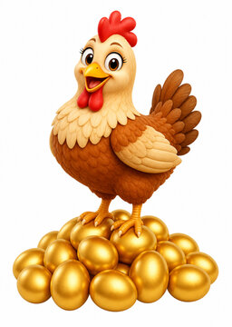 3D cartoon hen character standing proudly on a pile of shiny golden eggs, symbol of prosperity and wealth, isolated white background