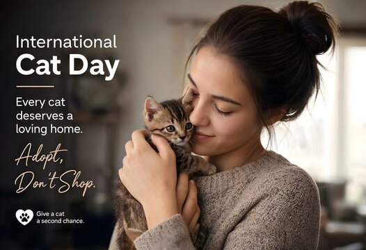 Woman Embracing Adorable Tabby Kitten on International Cat Day