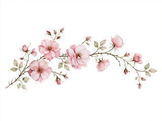 Naklejka premium A beautiful branch of pink roses with buds and green leaves on a white background AI generative