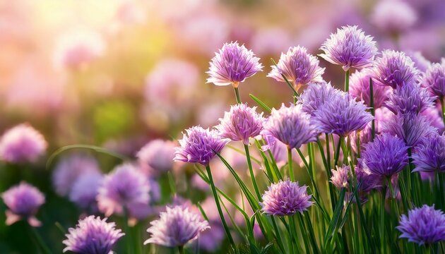 Abstract Texture Background Of Beautiful Blooming Chives Flowers With Defocused Background