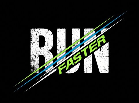 Run faster text with dynamic colorful streaks on black background