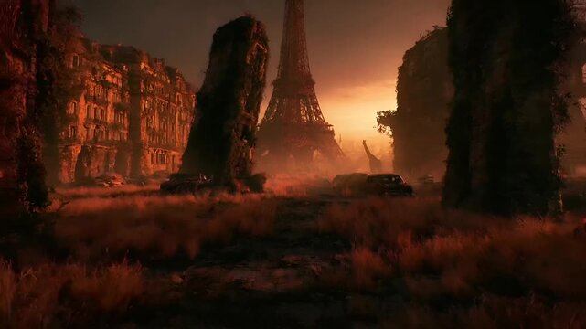 Paris, France, Europe. A vivid portrayal of a postapocalyptic landscape at sunset. The Eiffel Tower stands tall amidst the ruins of an old, dilapidated building.