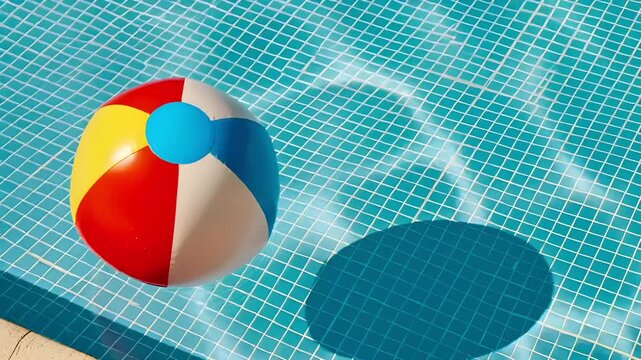 Summer hot vibe lifestyle. A vibrant, topdown view of a swimming pool shows a colorful beach ball floating in the clear blue water. The ball is red, yellow, and white, with a blue center.
