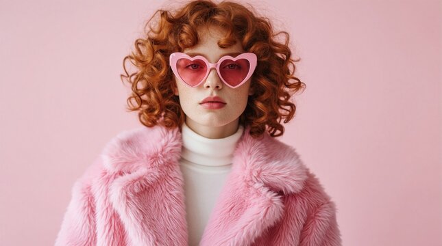 Red haired woman with curly hair wears heart sunglasses and pink faux fur coat. She stands against soft pink background, exuding unique style and playful charm.