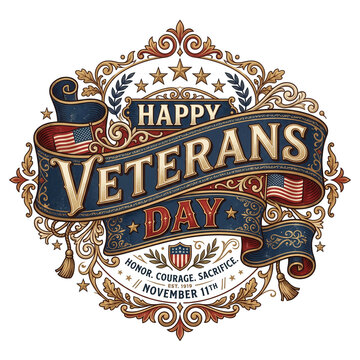 Happy veterans day vintage emblem with american flags and decorative floral ornaments isolated on transparent background