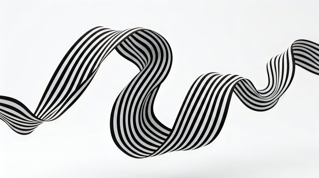 Abstract wavy ribbon with black and white stripes flowing in a dynamic curve motion