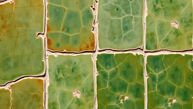 Rustic Emerald Green Zellige Tile Texture Background with Crackle Glaze and Weathered Cement Grout