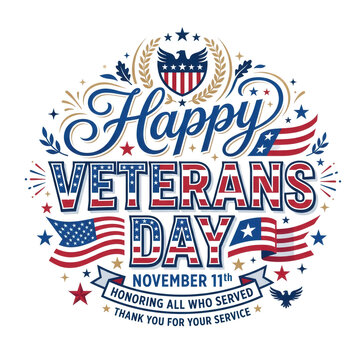 Happy veterans day typography design with american flag elements and eagle emblem isolated on transparent background