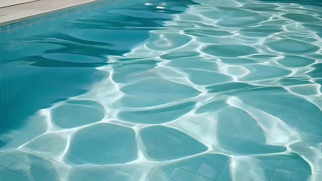 Summer hot vibe lifestyle. A closeup of a swimming pools surface shows the ripples and reflections of the surrounding water. The water is a vibrant turquoise color.