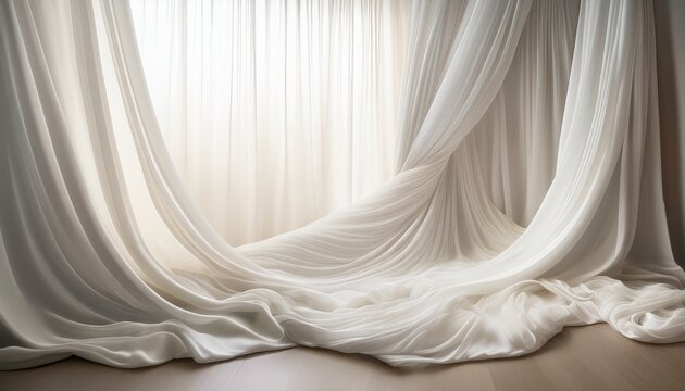 Layered White Sheer Curtains And Draped Flowing Fabric Panels With Soft Folds Creating An Airy Serene Ethereal Minimalist Backdrop