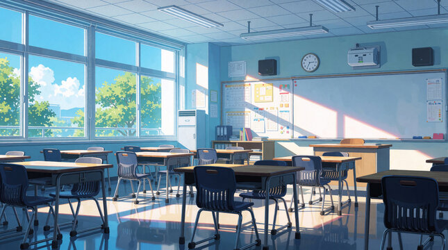Bright anime classroom with desks, chairs, and whiteboard. Sunlight streams through large windows, illuminating the empty learning space. Modern school interior offers clean minimalist design.