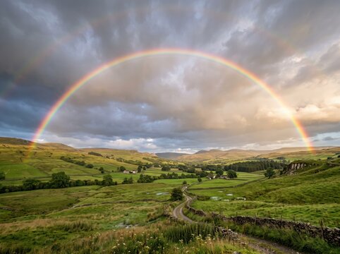 Stunning double rainbow arching over a green rural valley landscape after a summer rain shower
