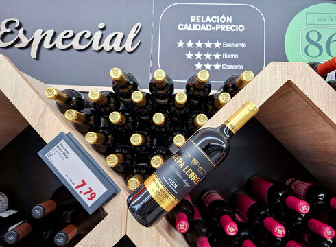 Calpe, Spain - May 27, 2026.Cepa Lebrel Gran Reserva Rioja red wine on a wooden shelf in a supermarket in Spain