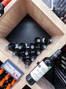Calpe, Spain - May 27, 2026.Garabato Roble Ribera del Duero red wine on wooden rack in supermarket in Spain