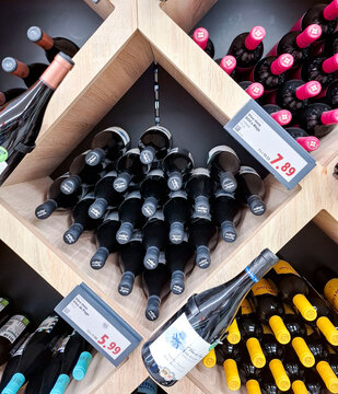 Calpe, Spain - May 27, 2026.Olavide Finca Ecologica Spanish red wine displayed on a shelf in a supermarket in Spain