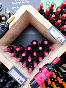Calpe, Spain - May 27, 2026.Bottle of Marques de Caceres Crianza DOCa Rioja red wine on display in a supermarket in Spain
