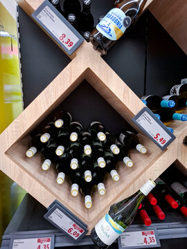 Calpe, Spain - May 27, 2026.Showcase of Vina Sol Spanish white wine on wooden display rack in supermarket in Spain