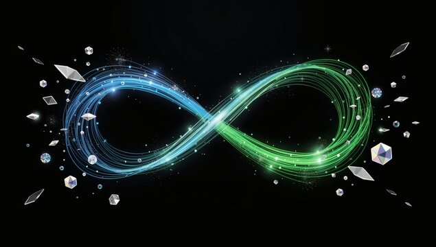Infinity Symbol Technology Background with Glowing Blue Green Light Trails and Crystal Particles