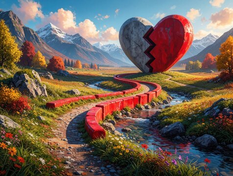 Giant broken heart sculpture sits in autumn mountain landscape. Red path leads toward sculpture beside flowing stream. Colorful trees dot rolling hills under clear sky. Serene nature scene.