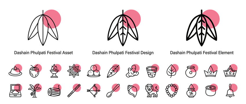 Set of Dashain Phulpati Festival Linear Icons and Symbols