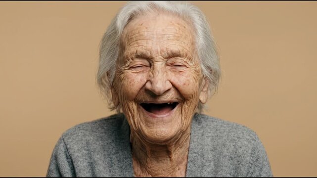 Happy Elderly Woman with Gray Hair Laughing and Smiling Against a Beige Background and Expressing Genuine Joy