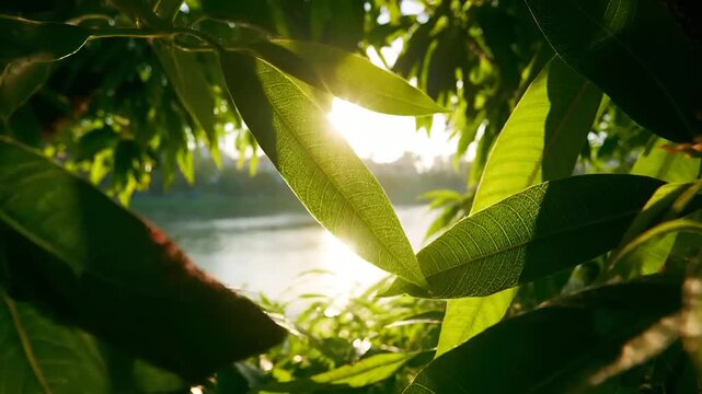 Summer hot vibe lifestyle. A closeup of lush green leaves illuminated by the suns rays, creating a radiant glow. The leaves are arranged in a cluster, with some overlapping each other.