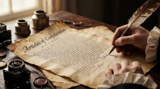 Hand writes Articles of Confederation with quill pen. Old parchment document on wooden desk with inkwells. Colonial scene, historical manuscript in progress.