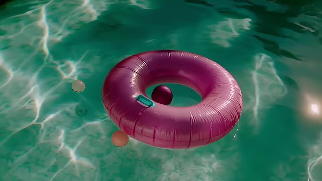 Summer hot vibe lifestyle. A vivid, topdown view of a swimming pool shows a pink inflatable ring floating in clear, turquoise water. The ring has a small green tag attached to it.