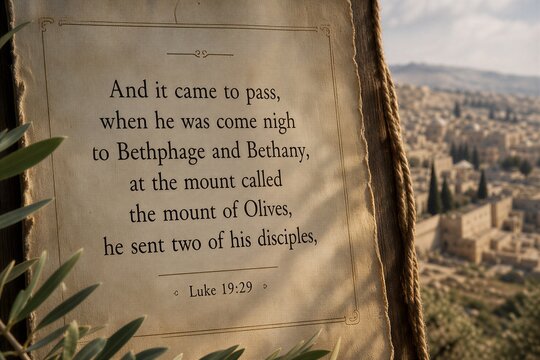 Luke 19:29 Scripture Poster: Disciples Sent from Mount of Olives Near Bethphage and Bethany, a Christian Bible Verse.
