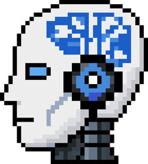 Fototapeta premium Pixel art vector illustration of a cybernetic robot head with brain circuit connections in retro 8-bit style. 
