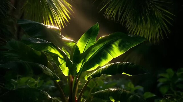 Summer hot vibe lifestyle. A closeup of a tropical plant with large, vibrant green leaves illuminated by the suns rays. The leaves are arranged in a fanlike pattern, with some overlapping each other.