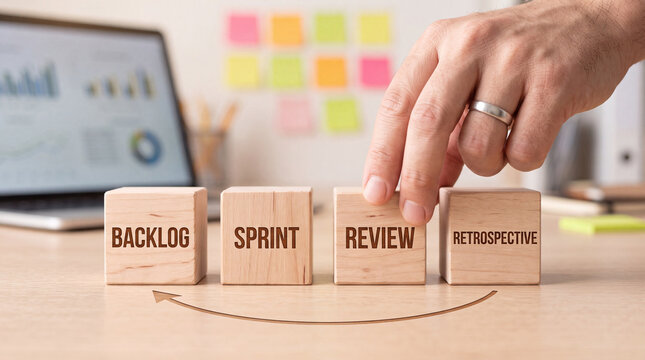 Agile scrum project management concept showing backlog, sprint, review, and retrospective wooden block workflow