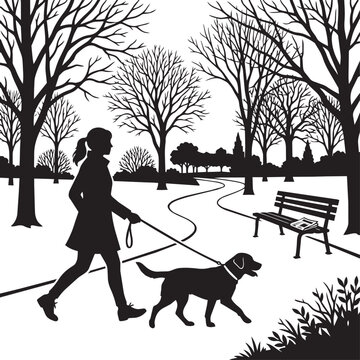 Silhouette vector of a woman walking a dog in a park with bare trees and bench