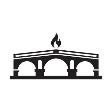 Minimalist black bridge icon vector illustration with a flame on top