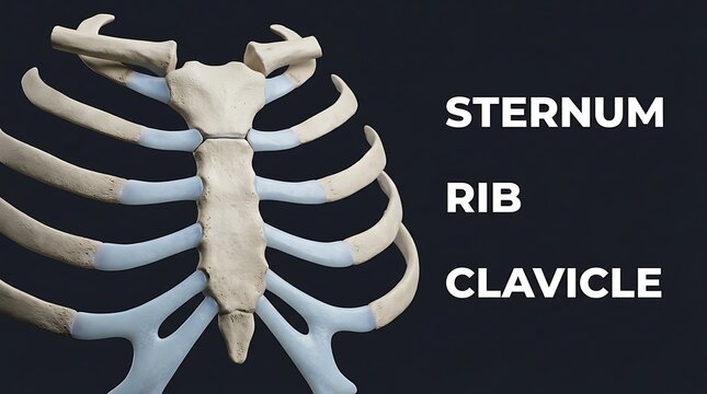 Human rib cage anatomical structure showing sternum ribs and clavicle bones
