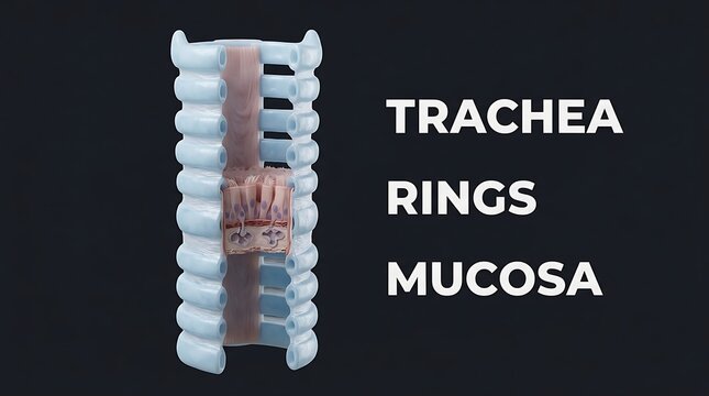 Human tracheal anatomy featuring cartilaginous rings and internal mucosa, respiratory