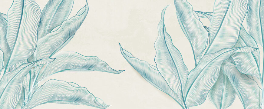 Botanical art background with tropical plant leaves in blue line style. Vector nature banner for wallpaper, prints, posters, packaging, and interior design.