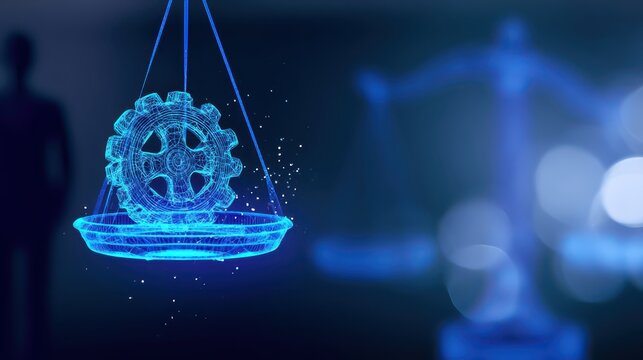 Digital scales of justice with virus icon. Cyber law concept with glowing blue data mesh.