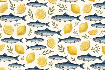 Obraz premium Seamless pattern with cute smiling sardines, fresh yellow lemons. Funny fish illustration for baby textile prints, kitchen decor. Colorful food fabric design with Mediterranean style sea animals
