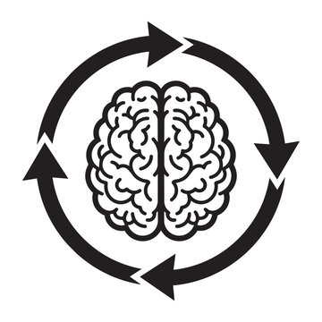 Line art vector illustration of a human brain surrounded by a circular arrow cycle