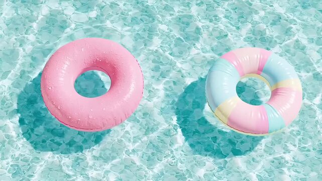 Summer hot vibe lifestyle. A topdown view of a swimming pool shows two inflatable rings floating in clear, turquoise water. The left ring is pink with water droplets.