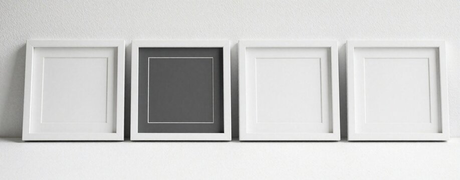 Four square frames arranged in row on white shelf against wall. Three white borders surround empty light inserts second item features dark grey mat. Modern minimalist decor setup offers clean blank